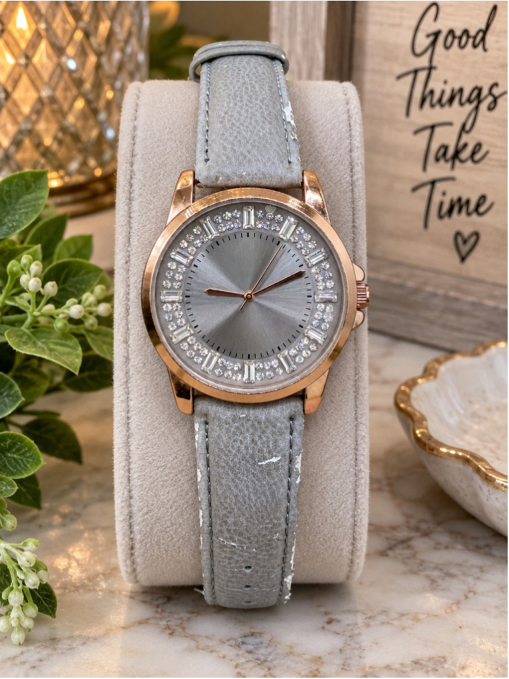 FMD Women’s Rose Gold Crystal Rhinestone Gray Dial Wristwatch Faux Leather Band